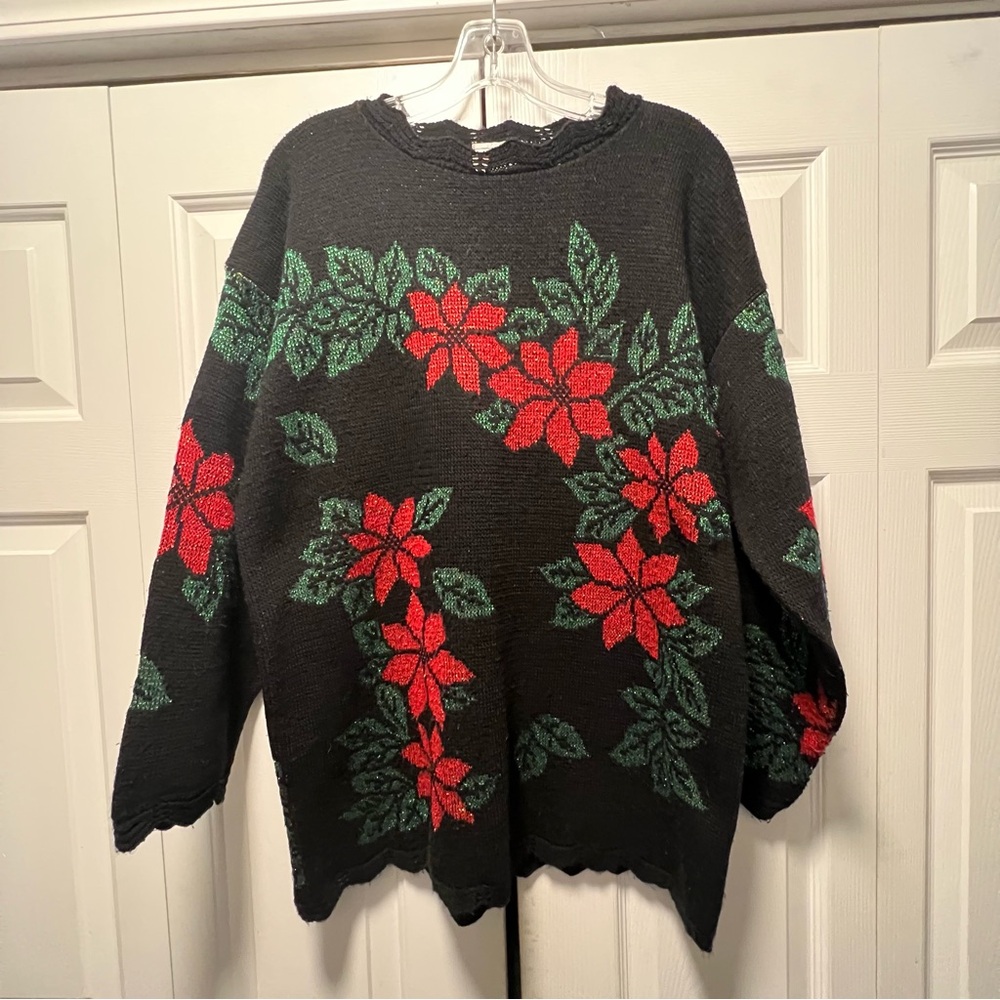 Vintage Women's Christmas Sparkle Poinsettia Sparkle Acrylic Sweater Sz L Black
